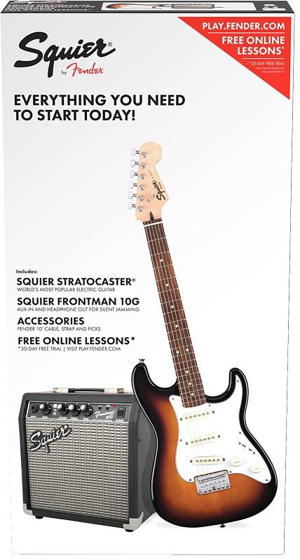 Электрогитара в комплекте FENDER SQUIER Stratocaster Pack Brown Sunburst, Gig Bag, Frontman 10G в магазине Music-Hummer