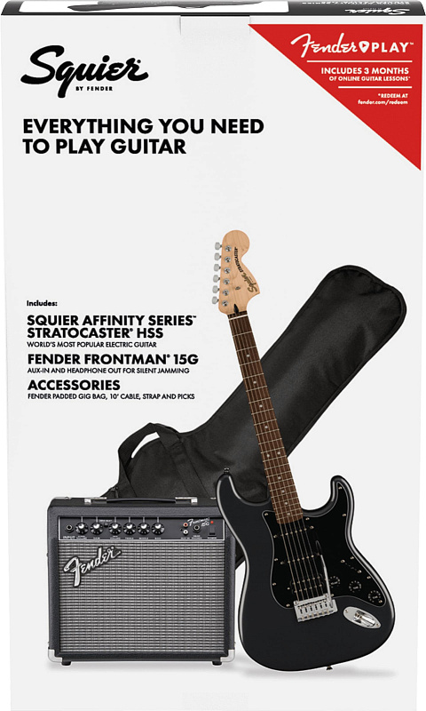 Фото Электрогитара в комплекте FENDER SQUIER Affinity 2021 Stratocaster HSS Pack LRL Charcoal Frost Metallic